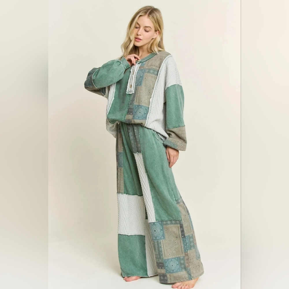 #1057 J Her Mineral Washed Bandana Patchwork + Sweater Pant SET - Picture 2 of 10